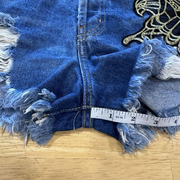 Carmar Denim Jeans Shorts 27 Blue Distressed Eagle Patch Frayed High Rise Y2k - Picture 8 of 13